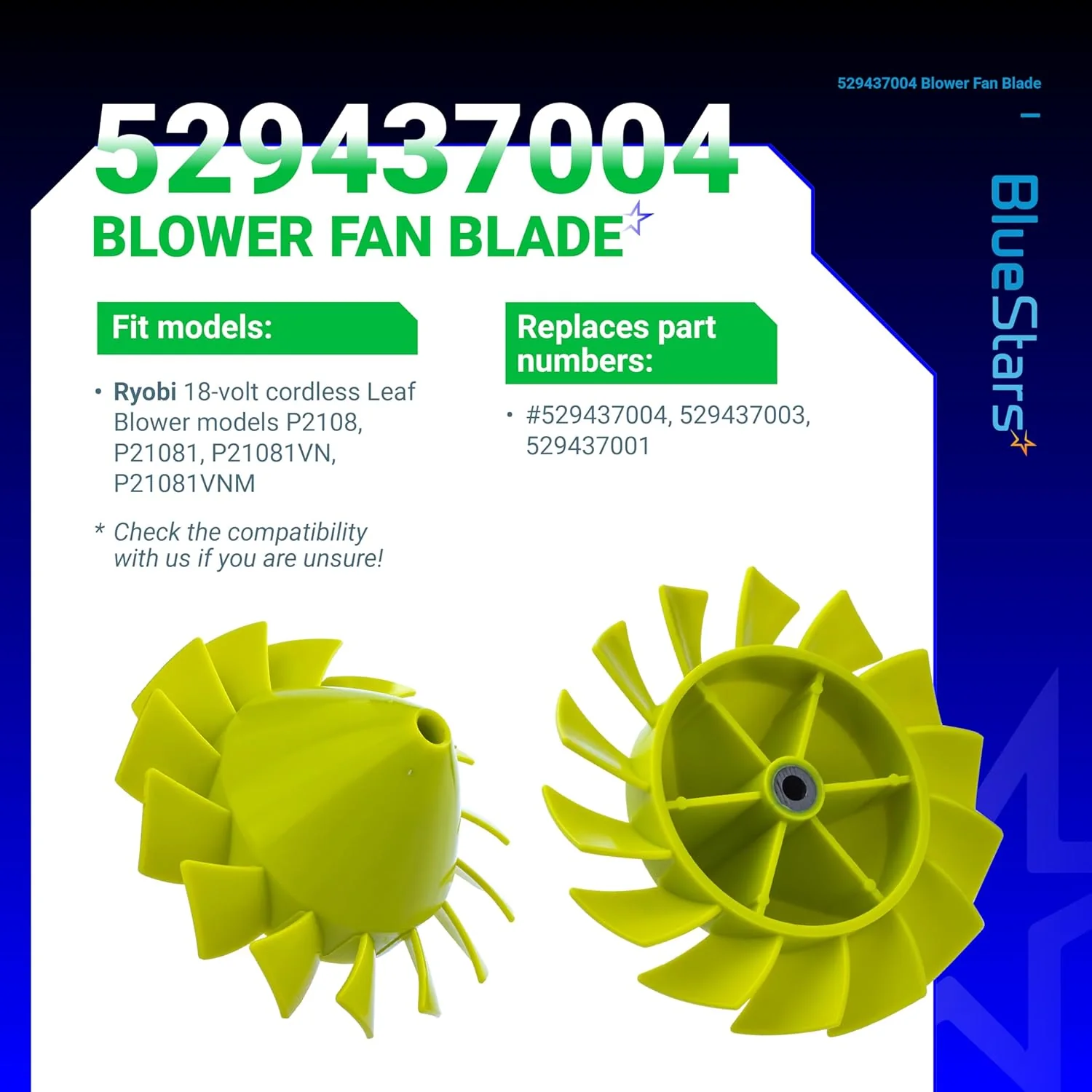 [Lifetime Warranty] 529437004 Blower Fan Blade - Compatible with Ryobi 18V Cordless Leaf Blower P2108 P21081 P21081VN P21081VNM - Replaces 529437003 529437001 with Insert Nut - Pack of 2 - Image 4