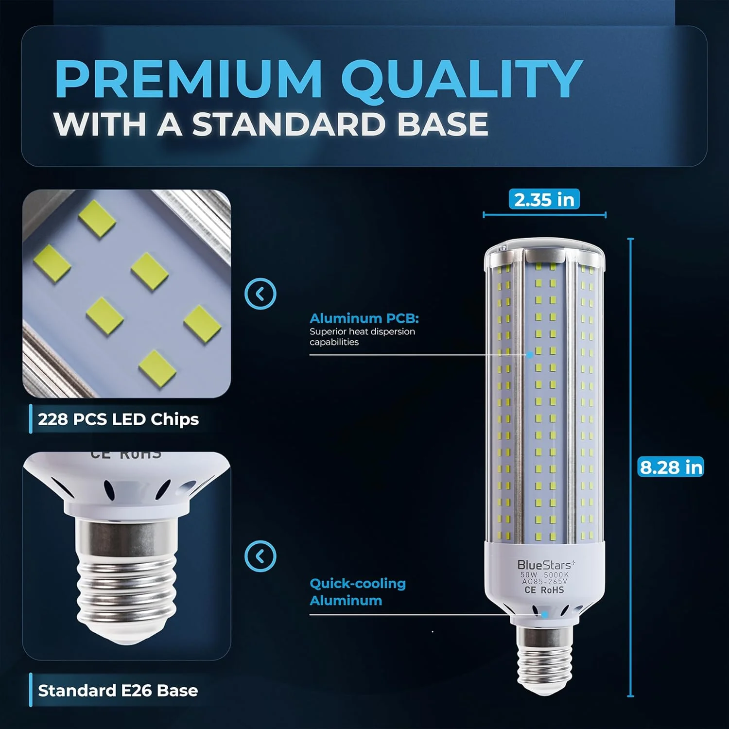 [Lifetime Warranty] 2-pack 50W E26 LED Corn Light Bulbs, 5000K, 3200 Lumens E27 Base Super Bright (500W Equivalent) - Image 3