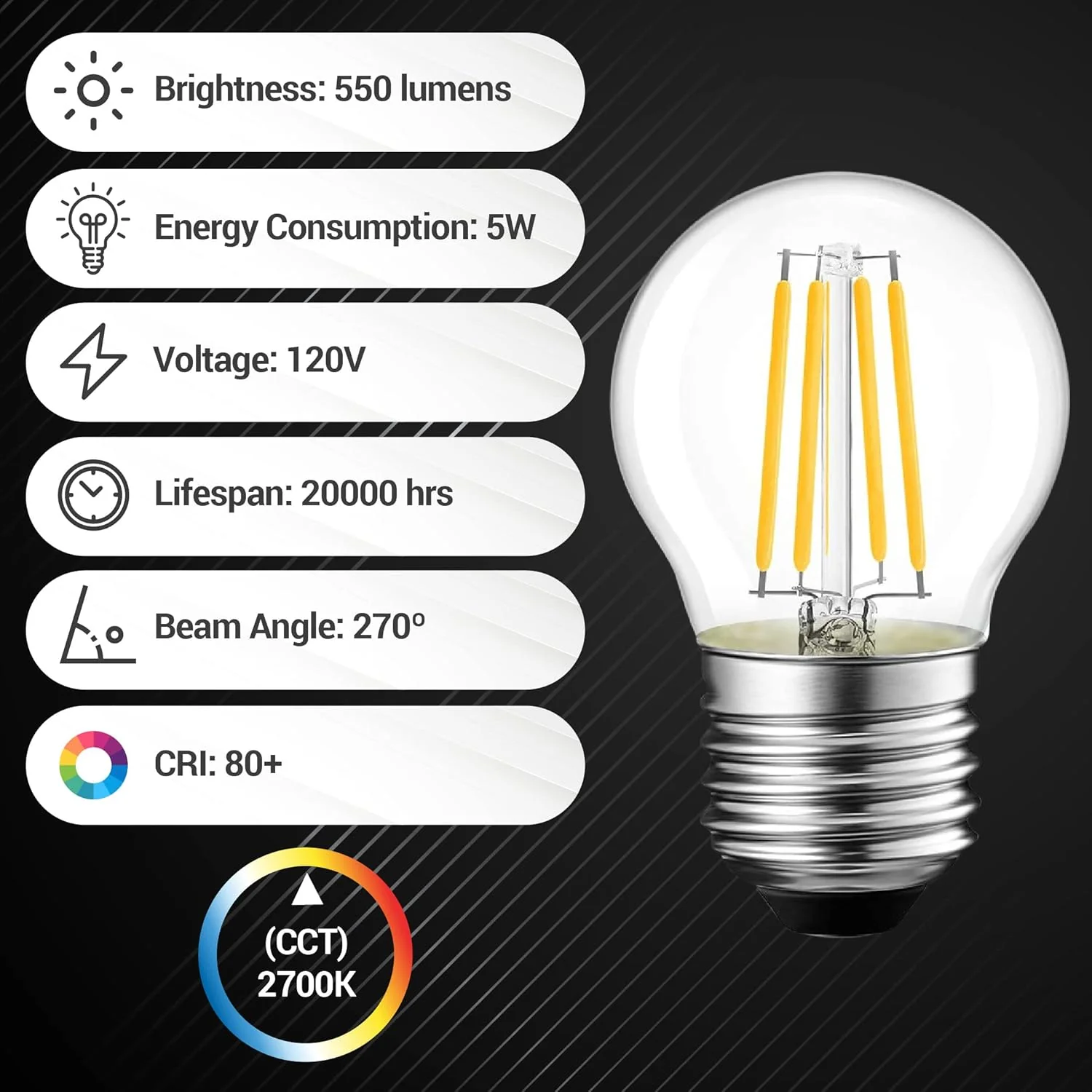 [Lifetime Warranty] G45 E26 Edison LED Filament Globe Bulb 120V 5W (60 Watt Equivalent) - Pack of 6 - Image 3