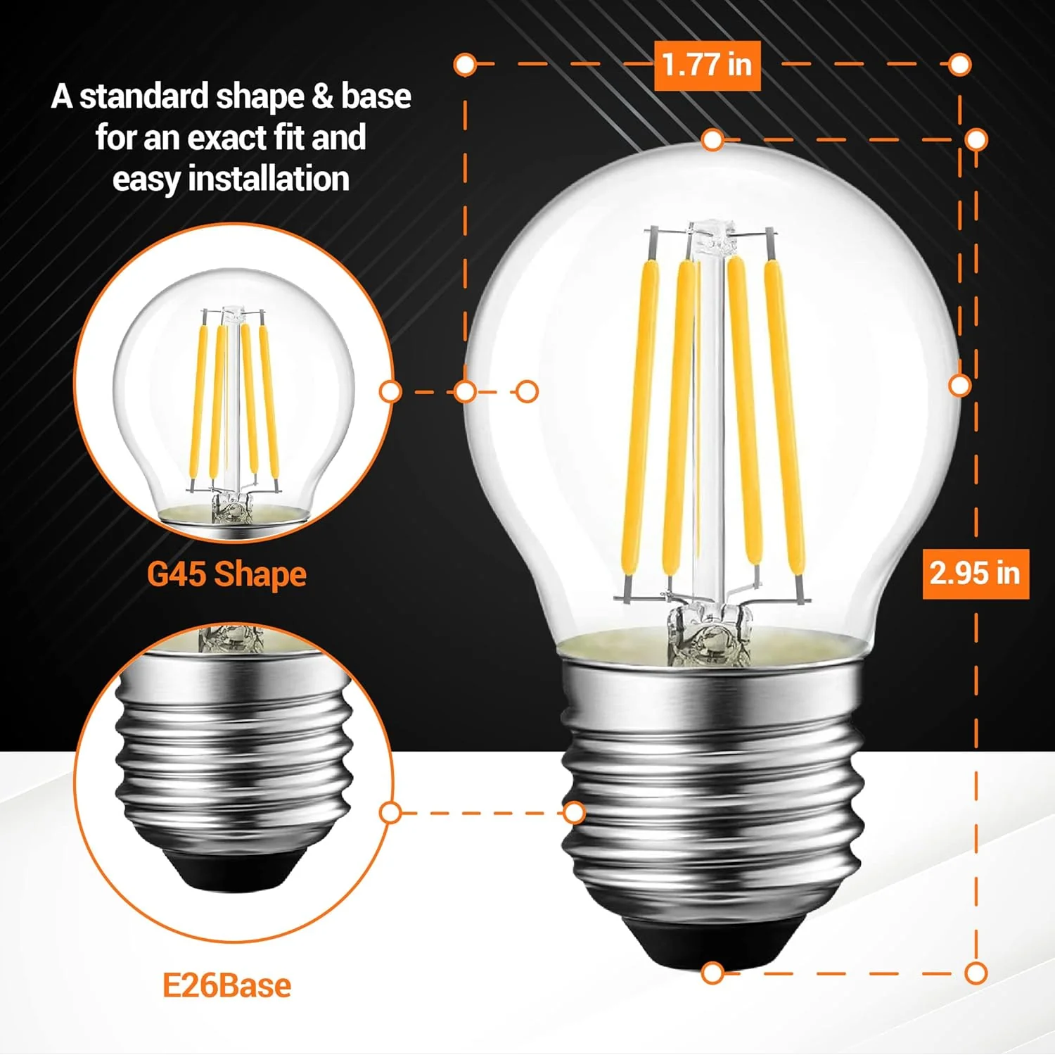 [Lifetime Warranty] G45 E26 Edison LED Filament Globe Bulb 120V 5W (60 Watt Equivalent) - Pack of 6 - Image 4