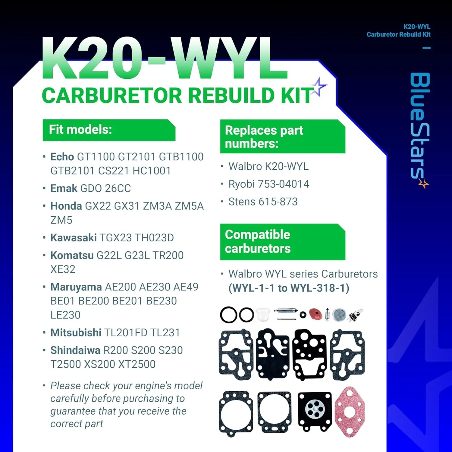 [Lifetime Warranty] K20-WYL Carburetor Rebuild Kit with Primer Bulb - Compatible with Zama WYL Series, Shindaiwa R200, S200, 230, T2500, XS200, XT2500, Honda GX22, GT1100, CS221 - Replaces 753-04014, 615-873 - Image 3