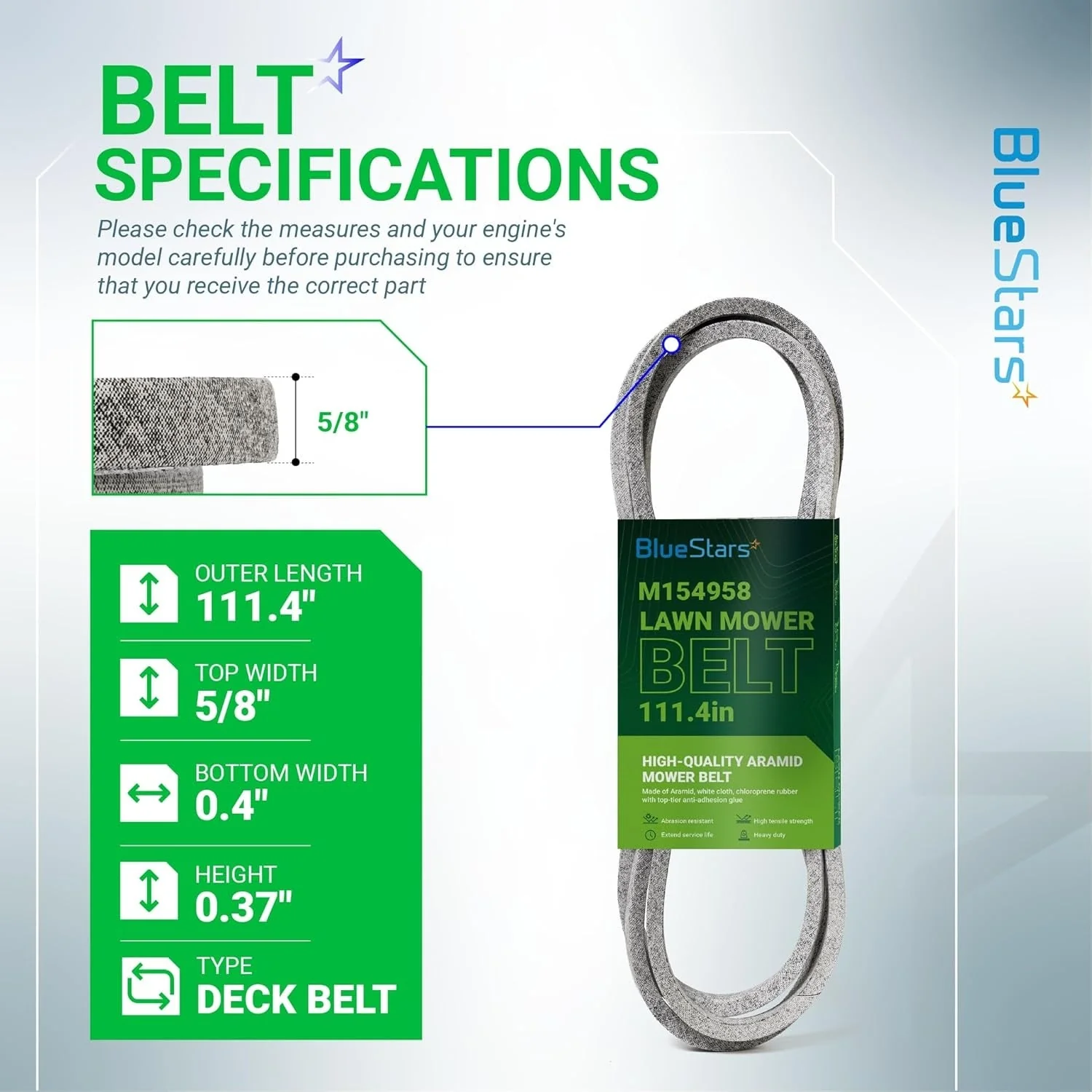 [Lifetime Warranty] M154958 Mower Deck Belt - Compatible with 48" Decks John Deere GT235 X300 345 X320 325 GT275 | 111.4" x 5/8" - Image 3