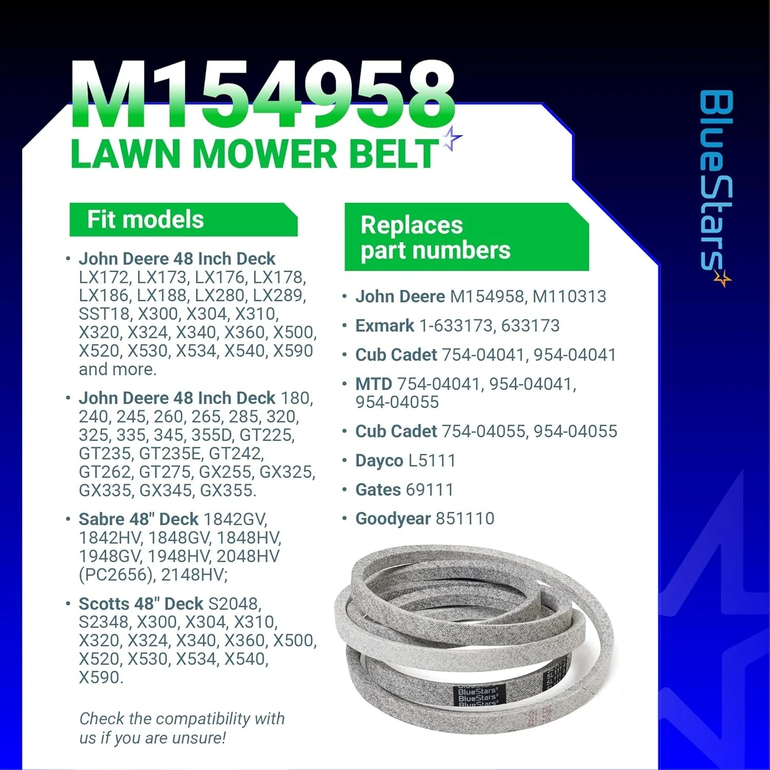 [Lifetime Warranty] M154958 Mower Deck Belt - Compatible with 48" Decks John Deere GT235 X300 345 X320 325 GT275 | 111.4" x 5/8" - Image 4