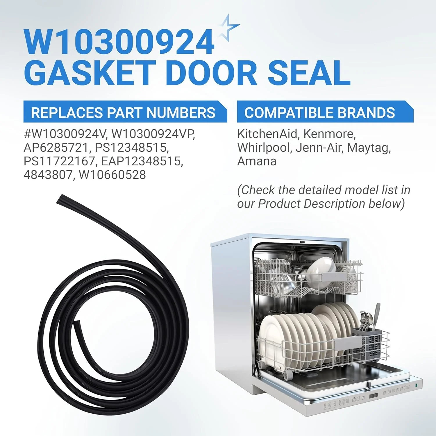 [Lifetime Warranty] W11177741 W10300924 Dishwasher Gasket Door Seal - Compatible with Whirlpool Maytag Kenmore Dishwashers - Replaces 4843807 W10660528 W10300924VP AP6285721 PS12348515 - Image 4